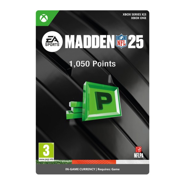 Green and black digital card for EA Sports Madden NFL 25, featuring a large "P" icon, indicating 1,050 in-game points, with Xbox Series X|S and Xbox One compatibility noted.
