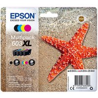 Epson 603XL ink cartridge multipack with black, cyan, magenta, yellow cartridges, starfish image on packaging.