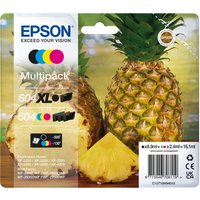 Epson ink cartridge multipack with black, cyan, magenta, yellow cartridges, pineapple image on packaging.