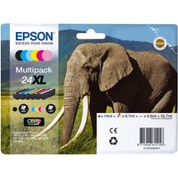 Epson Elephant Multipack 24XL ink with 6 colors, elephant image on packaging, Claria Photo HD branding.