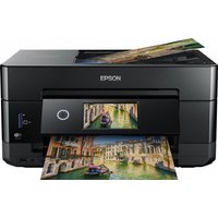 Black Epson Expression Premium XP-7100 printer with LCD screen, printing colorful photos, Wi-Fi enabled.