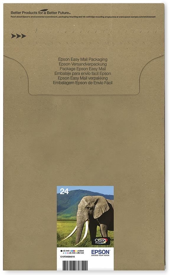 Epson EasyMail packaging featuring a colorful elephant illustration, labeled with "Epson Multipack 6-colours 24" on a brown, textured envelope.