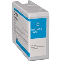 Epson SJIC36P(C) Cyan ink cartridge, rectangular, white with blue label and model details.