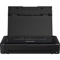 Compact black Epson WorkForce WF-110W inkjet printer with open paper tray, Wi-Fi connectivity, and 5760 x 1440 DPI resolution.