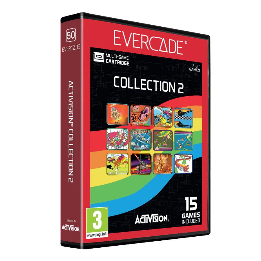 Evercade Activision Collection 2 features a colorful box with a rainbow stripe, showcasing 15 classic 8-bit games, and includes the Activision logo and PEGI rating.