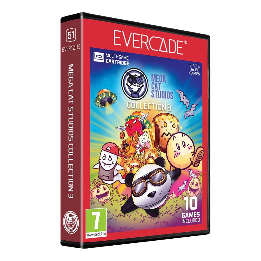 Evercade Mega Cat Collection 3 cartridge features a colorful cover with cartoon characters, including a panda and a cat, showcasing 10 games, set against a vibrant background.