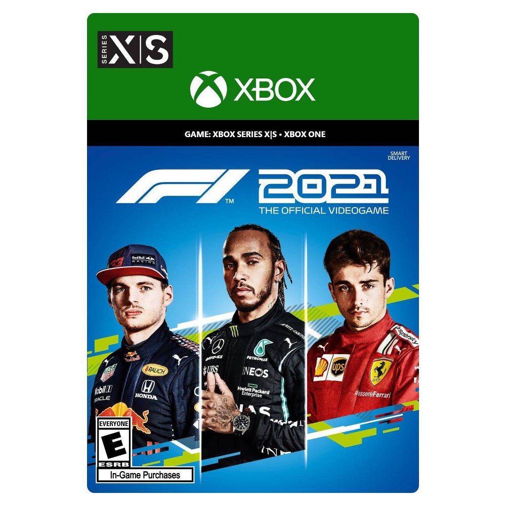 F1 2021 Xbox Download features a vibrant blue cover with three race car drivers, logos for Xbox Series X|S and Xbox One, and the game's title prominently displayed.