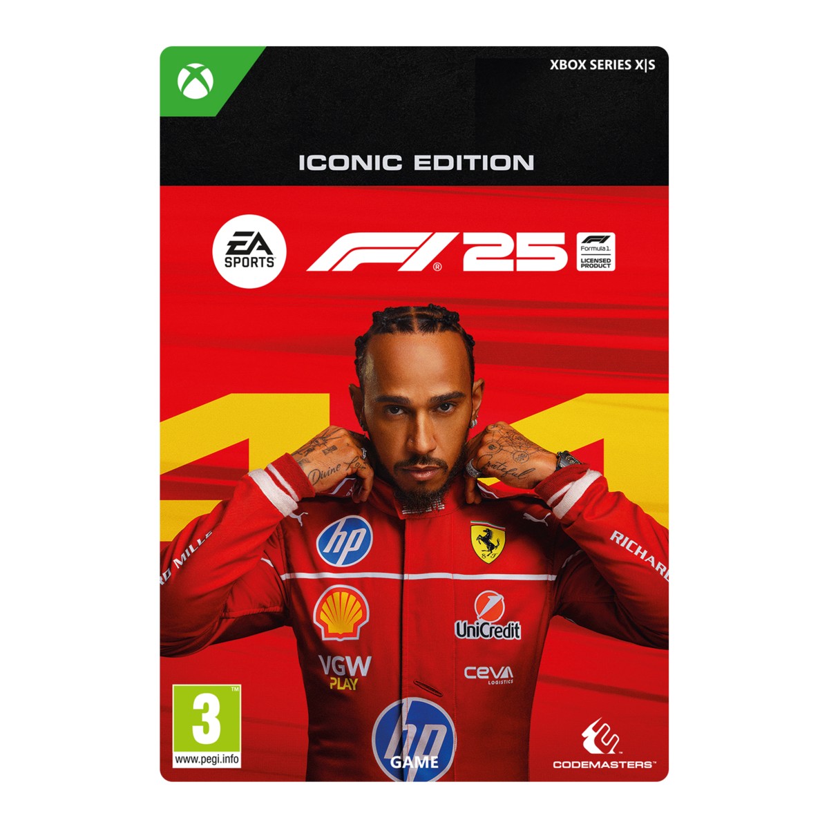 F1 25 Iconic Edition for Xbox Series X|S features a vibrant red cover with a portrait of a race car driver in a Ferrari suit, showcasing logos and the number 44 prominently.