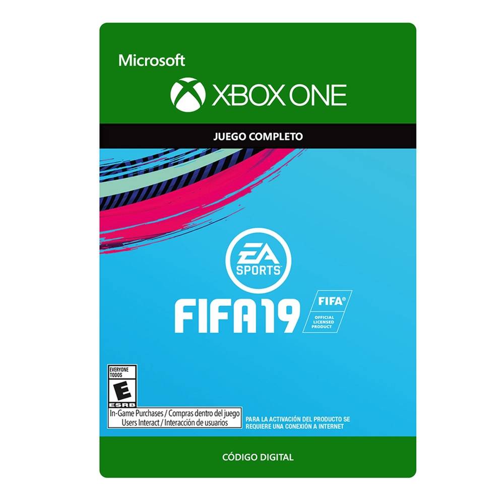 FIFA 19 Download by Microsoft features a bright blue background, EA Sports logo, and Xbox One branding, with text indicating it's a complete game for digital activation.