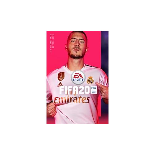 FIFA 20: Standard Edition features a vibrant pink background with a player in a white Real Madrid jersey, showcasing the EA Sports logo prominently at the top.