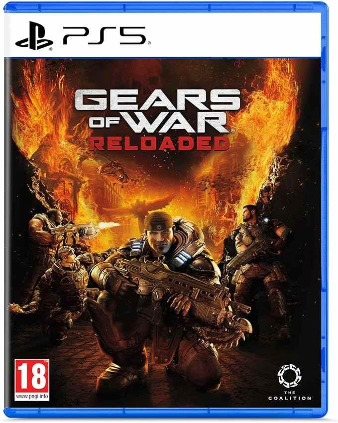 Gears of War: Reloaded PS5 game cover featuring fiery background, three armored characters with weapons, and bold title text in white and red on a blue case.