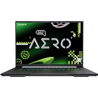 Black GIGABYTE AERO X16 gaming laptop with 16" display, sleek design, and illuminated keyboard.