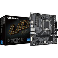 Gigabyte B760M E motherboard with black PCB, multiple slots, and ports, next to its branded packaging box.