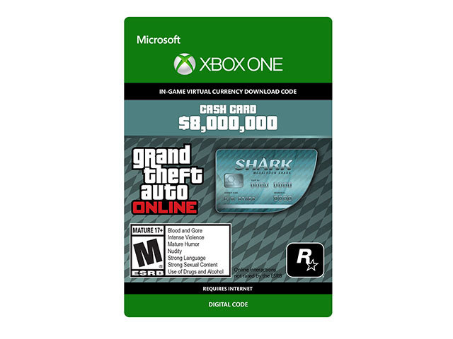 Green and black packaging featuring the Xbox One logo, a digital cash card for Grand Theft Auto V with a value of $8,000,000, and an ESRB rating of M for Mature.