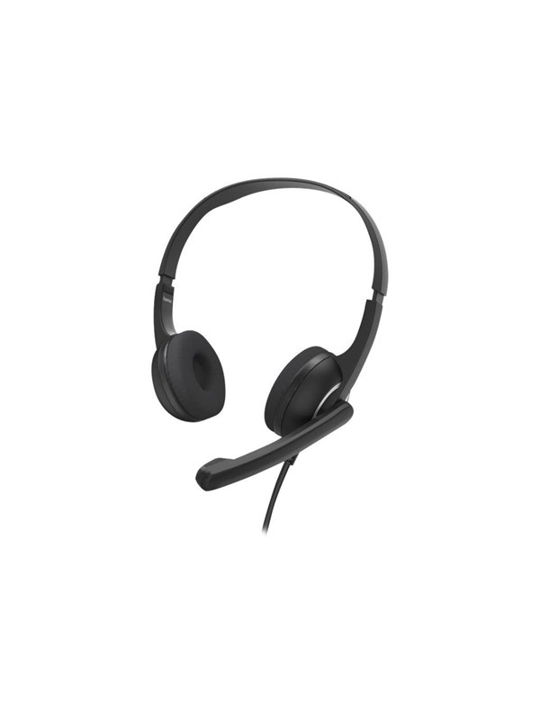 Black on-ear stereo headset with cushioned ear pads, adjustable headband, and a flexible microphone boom, designed for PC use.