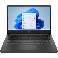 Black HP 14" laptop with Intel Celeron, 4GB RAM, 64GB storage, Windows 11 Home, sleek design, full keyboard.