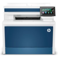 HP Color LaserJet Pro MFP 4302dw Printer, white and blue with touchscreen and HP logo on front panel.