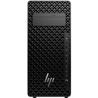 Black HP Z2 Tower workstation with textured front panel, HP logo, and vertical drive bay slots.