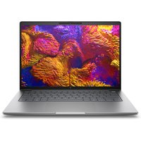 Silver HP ZBook 8 G1as laptop, 14" display, sleek design, backlit keyboard, thin bezels, vibrant screen.