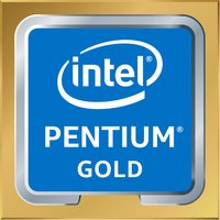 Intel Pentium Gold G6405 processor badge, blue square with white Intel logo and text, gold border.