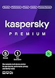 Purple Kaspersky Premium Total Security box with green logo, 5 devices, 1-year subscription, and feature icons.