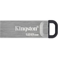 Silver Kingston 128GB Kyson USB flash drive with black loop and brushed metal finish.