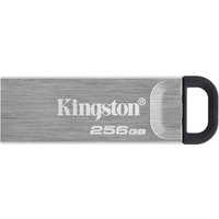 Silver Kingston 256GB Kyson USB flash drive with black loop and brushed metal finish.