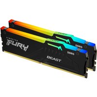 Black Kingston FURY Beast DDR5 RAM sticks with RGB lighting and silver branding, kit of two.