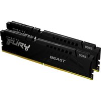 Black Kingston FURY Beast DDR5 RAM kit, 64GB, 5200MT/s, CL40, with sleek heat spreaders and bold white branding.