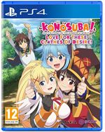 KonoSuba game cover featuring three characters: blonde girl in armor, blue-haired girl, and dark-haired girl in a witch's hat, with a colorful forest background and a boy in the distance.