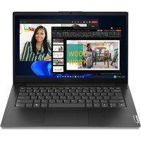 Black Lenovo V14 G4 laptop, 14" screen, Ryzen 5, 8GB RAM, 512GB SSD, Windows 11, Wi-Fi 6, sleek design.