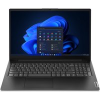 Black Lenovo V15 G4 AMN laptop with 15.6" display, Ryzen 5 processor, and Windows interface on screen.