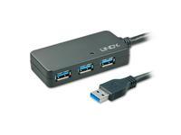 Black USB 3.0 active extension hub with three ports, featuring a sturdy plastic casing and a connected USB cable for easy connectivity.