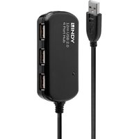 Black Lindy 12m USB 2.0 Active Extension Pro Hub with four USB ports and attached USB cable.