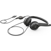 Black Logitech H390 USB headset with padded ear cups, adjustable headband, noise-canceling mic, and inline volume control.