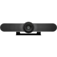 Black Logitech MeetUp conference camera with wide lens and integrated speaker bar.