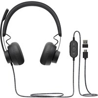 Black Logitech Zone Wired UC headset with padded ear cups, boom mic, and USB-A connector on braided cable.