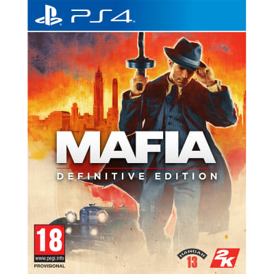 Cover art features a man in a fedora and suit holding a gun, with a vintage car and city skyline in the background, all set against an orange and red gradient.