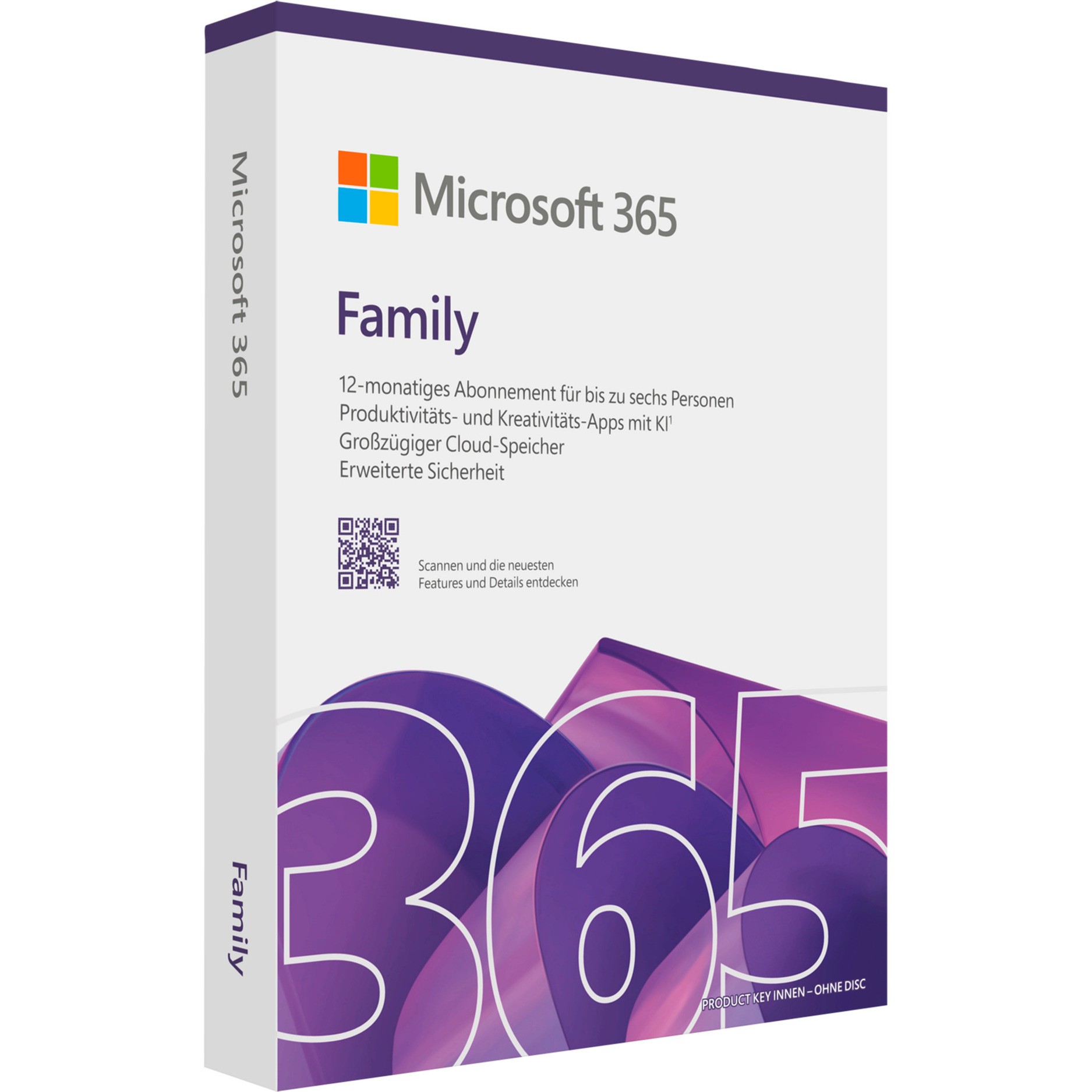 Microsoft 365 Family subscription box in a colorful design, featuring a purple and blue gradient, with a QR code and text highlighting features for up to six users.