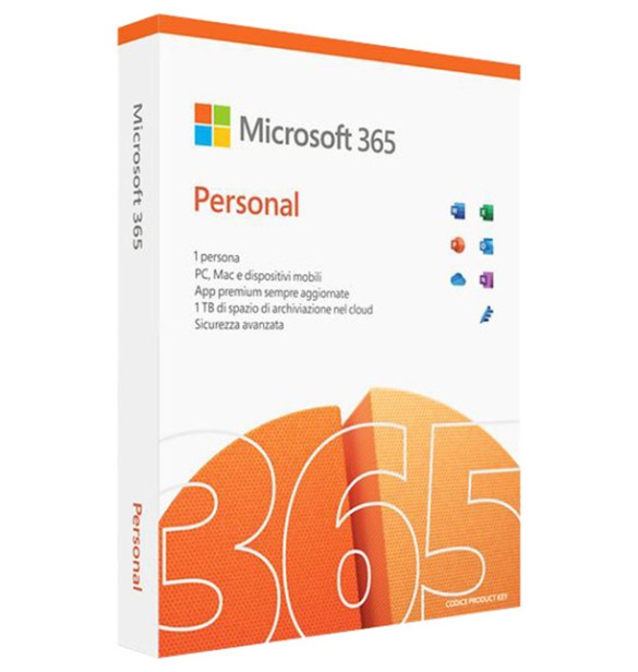 Microsoft 365 Personal subscription box featuring an orange and white design, with the Microsoft logo and icons for various apps, highlighting cloud storage and advanced security features.