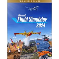 Microsoft Flight Simulator 2024 Premium Deluxe Edition cover with planes and scenic landscapes.