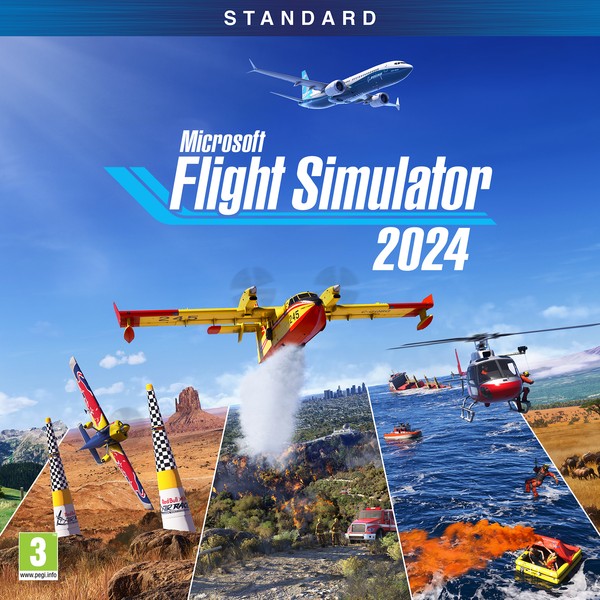 Microsoft Flight Simulator 2024 Standard Edition cover featuring a blue and white design, showcasing various aircraft, landscapes, and flight scenes in vibrant colors.