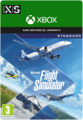 Microsoft Flight Simulator Download by Microsoft features a blue and white box with an airplane graphic, Xbox logo, and "Standard" label, set against a scenic sky background.