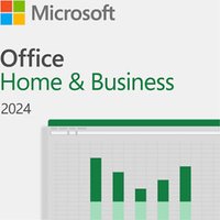 Microsoft Office Home & Business 2024 box with green and gray design, featuring bar graph illustration.