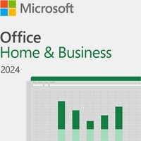 Microsoft Office Home & Business 2024 box with green bar graph and Microsoft logo on white background.