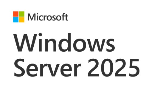 Microsoft logo in the top left corner with colorful squares, followed by bold text reading "Windows Server 2025" in black, indicating software licensing.