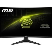 Black MSI MAG 321CQF E18 monitor, 31.5" curved screen, 2560x1440 resolution, sleek stand, MSI logo on top left.