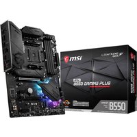 MSI MPG B550 Gaming Plus motherboard, black with RGB lighting, next to branded box with red and white accents.