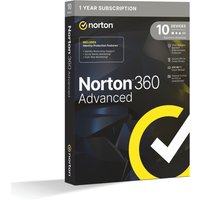 Norton 360 Advanced antivirus software box, black with yellow checkmark, for 10 devices, 1-year subscription.