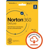 Norton 360 Deluxe 2022 antivirus software, yellow packaging, 5 devices, 1-year subscription, download version icon.